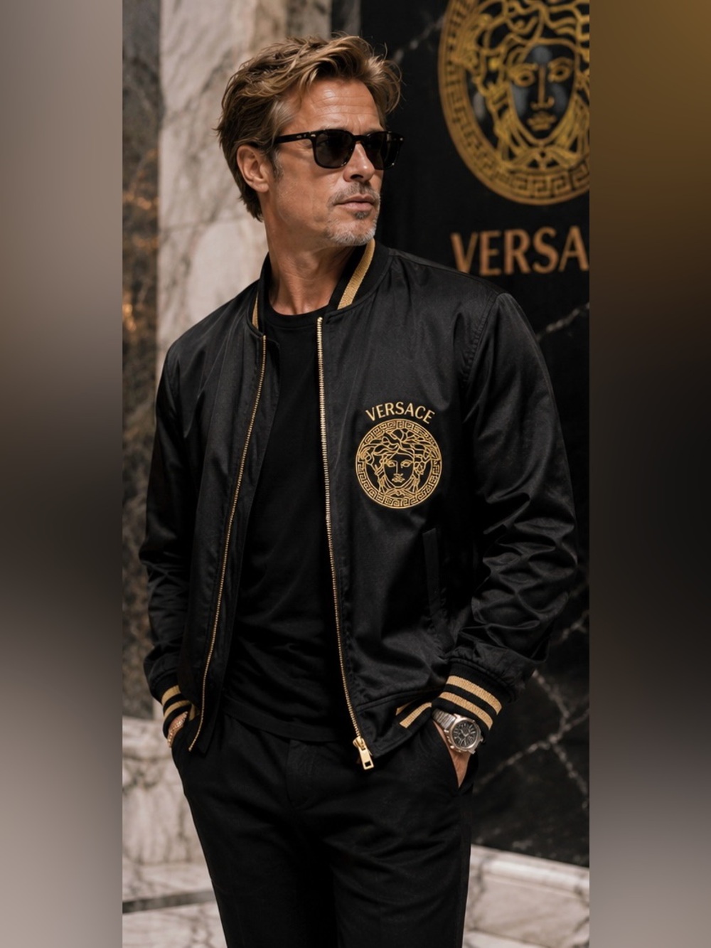 Versace Black and Gold lambskin  leather bomber  Jacket - Men's Designer Varsity